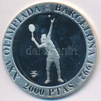 Spanyolország 1991. 2000P Ag "1992 Olimpia - Tenisz" eredeti fa díszdobozban, tanúsítvánnyal T:PP  Spain 1991. 2000 Pesetas Ag "1992 Olympics - Tennis player" in original wooden case, with certificate C:PP