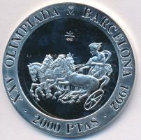 Spanyolország 1992. 2000P Ag "1992 Olimpia - Szekérverseny" eredeti fa díszdobozban, tanúsítvánnyal T:PP  Spain 1992. 2000 Pesetas Ag "1992 Olympics - Chariot racing" in original wooden case, with certificate C:PP