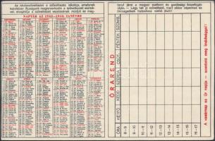 1942-1943 Iskolaszövetkezeti naptár-órarend, benne az egyházi ünnepekkel, hátoldalán reklámokkal