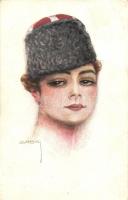 Italian art postcard, Lady in soldiers hat, P.F.B. No. 3892/4, s: Usabal