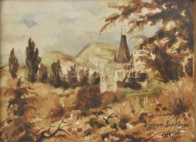 Brenner Lászlóné: Kastély a dombok között. Akvarell, papír, üvegezett keretben, 16×21 cm