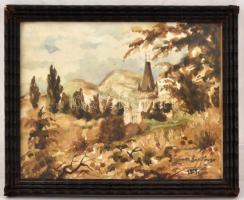 Brenner Lászlóné: Kastély a dombok között. Akvarell, papír, üvegezett keretben,  16×21 cm