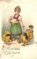 Fröhliche Ostern / Easter, child, chickens, Emb., litho (EK)