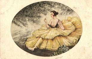 Italian art postcard, Lady in yellow dress, Paris-Gravures No. 1105 s: A. Solanges (EK)