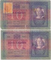 1904. 10K (2x) az egyik szerb-horvát-szlovén bélyeggel, mindkettő szerb felülbélyegzéssel T:III,III-