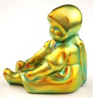 Zsolnay eozin mázas kislány, kopásnyomokkal, jelzett, m: 7,5 cm