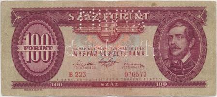 1947. 100Ft "B 223 - 076573" sorozat és sorszámmal illetve "MINTA" perforációval T:III- Hungary 1947. 100 Forint with "B 223 - 076573" serial number and with "MINTA" (SPECIMEN) perforation C:VG Adamo SF27M