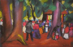 Jándi jelzéssel: Forgatag. Pasztell, papír, üvegezett keretben, 27×38 cm