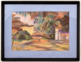 Szigeti Jenő (1881-1944): Park részlet. pasztell, karton, jelzett, üvegezett keretben, 26×39 cm