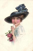 Italian art postcard, Lady with rose, Erkal No. 301/5. s: Usabal