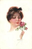 Italian art postcard, Lady holding a rose, Erkal No. 302/5. s: Usabal (EK)