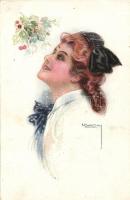 Italian art postcard, Lady looking flowers , Erkal No. 302/5. s: Usabal (EK)
