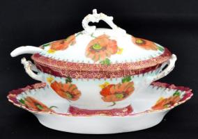 Díszes, virágmotívumos szószos tálka kiskanállal, matricás, jelzés nélkül, kopásnyomokkal, m: 9,5 cm