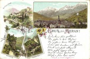 Merano, Meran; Gilfanlage, Zenoburg, Schloss Tirol / castles, floral, litho (kis szakadás / small tear)