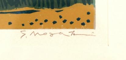 Mosaki jelzéssel: Távol-keleti tájkép, színes művésznyomat, paszpartuban, üvegezett fa keretben, 15×...