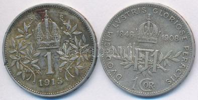 Ausztria 1908. 1K Ag "Jubileum" + 1915. 1K Ag "Ferenc József" T:2- Austria 1908. 1 Corona Ag "Jubilee" + 1915. 1 Corona Ag "Franz Joseph" C:VF