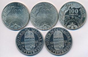 1990. 100Ft alpakka "Fáy András" (3xklf) + 1991. 100Ft Cu-Ni "II. János Pál pápa láto...