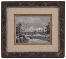 Olvashatatlan jelzéssel: Téli táj, olaj, vászon, díszes fa keretben, 19×24,5 cm