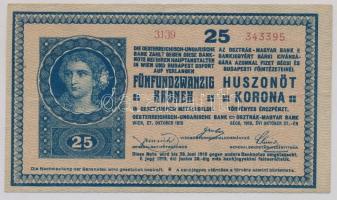 1918. 25K &quot;3139&quot; 3mm hullámos hátlappal, &quot;SZATMÁR VÁRMEGYE TYUKOD KÖZSÉG 1907&quot; felülbélyegzéssel hátlapján T:III