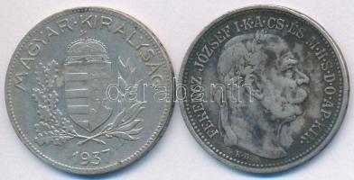 1915KB 1K Ag "Ferenc József" + 1937. 1P Ag T:2,2-