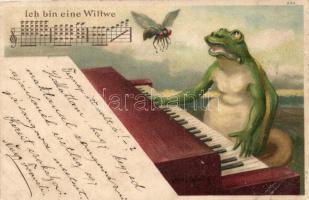 Ich bin eine Wittwe / frog pianist, humour litho (cut)