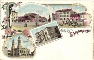 Szombathely, Steinamanger; Zsinagóga, Gyöngyös utca, Főtér, Kaszinó, német nyelvű, litho, floral