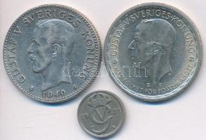 Svédország 1940G 2K Ag "V. Gusztáv" + 1945G 2K Ag "V. Gusztáv" + 1921. 10ö Ni-Br...