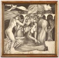 Töreky Ferenc (1922-): Gondolatok. Ceruza, papír (foltos), jelzett, üvegezett keretben, 31×30 cm