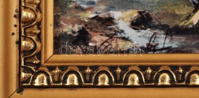 Komjáti Géza (1956- ): Magányos hölgy, olaj, farost, díszes, aranyozott fa keretben, 13×10,5 cm