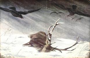 6 db RÉGI használatlan vadász motívum képeslap, 1 db litho, vegyes minőség / 6 old unused hunter the...