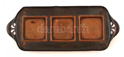 Réz szecessziós tálca, apró horpadással, 14×34 cm