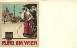 Vienna, Wien; Rund um Wien, Salonwagen-Rundfahrten der Wiener stadtischen Strassenbahnen / tram trip advertisement, litho