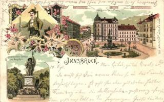 1898 Innsbruck, Margarethen Platz, Andreas Hofer Denkmal / square, statue, folklore, Moch & Stern floral, Art Nouveau litho (EK)