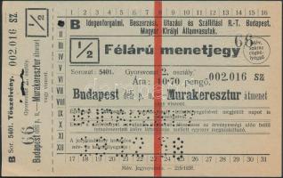 1930-47 Magyar Királyi Államvasutak félárúmenetjegy Budapest-Murakeresztur, 8x13cm