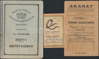 cca 1905-50 vegyes okmány tétel, igazolványok, betétkönyv bélyegekkel, 7db