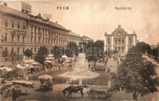 Pécs, Majláth tér, Zsinagóga, lovaskocsi, piac