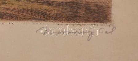 Udvary Pál (1900-1987): Hazafelé, színezett rézkarc, papír, üvegezett fa keretben, 23×30,5 cm