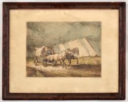 Udvary Pál (1900-1987): Hazafelé, színezett rézkarc, papír, üvegezett fa keretben, 23×30,5 cm