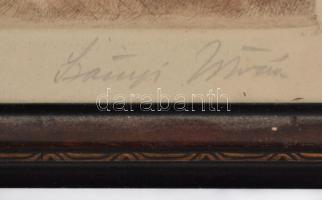 Szőnyi István (1894-1960): Várakozás, színezett rézkarc, papír, üvegezett fa keretben, 23×30,5 cm