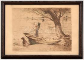 Szőnyi István (1894-1960): Várakozás, színezett rézkarc, papír, üvegezett fa keretben, 23×30,5 cm