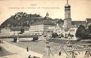 Graz, Schlossberg, 2 Brücken , Franziskanerkirche, K.k. Hof-Hut Fabriklager Zur Hutmaschine, / castle, bridges, church, hat manufacture, restaurant (EB)