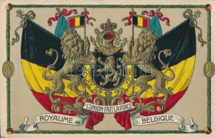 Belgian flag, coat of arms, H. Guggenheim & Co. No. 13489, motto, golden decoration, litho, Emb. (EK)