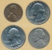 Amerikai Egyesült Államok 1964. 5c + 1968. 1c + 1976. 1/4$ + 1981. 1/4$ plasztiktokban T:2,2- USA 1964. 5 Cents + 1968. 1 Cent + 1976. 1/4 Dollar + 1981. 1/4 Dollar in plastic case C:XF,VF