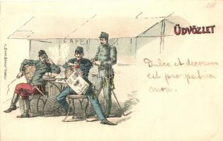 1898 Magyar honvéd huszárok; Üdvözlet, a Divat Szalon kiadása / Hungarian soldiers &#039;Grüss aus...&#039; litho (Rb)