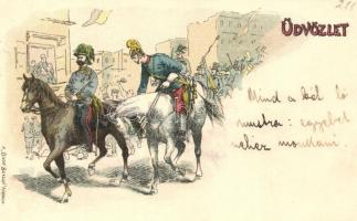 1898 Magyar honvéd huszárok; Üdvözlet, a Divat Szalon kiadása / Hungarian hussars &#039;Grüss aus...&#039; litho