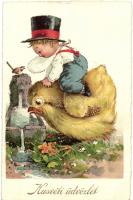 Easter, child with chicken, B. & R. Nr. 7995. litho (EK)