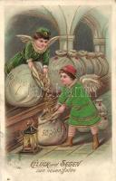 New Year, angels with money bags, A.S.B. Serie 164. golden Emb. litho silk card (EK)