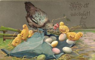 Easter, chicken, eggs, Emb. litho  (EB)