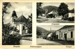 Felsőveresmart, Velika Kopanya; Templom, utcarészlet, Hangya Szövetkezet / church, street, cooperative (EB)