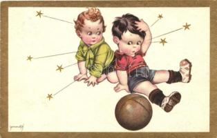 Italian art postcard, children football match, Degami 2206., artist signed